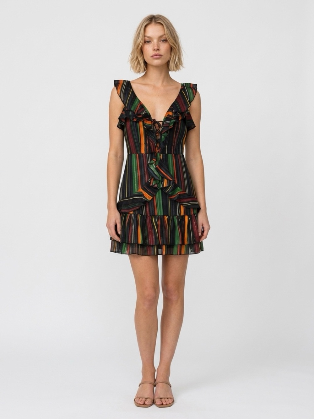 KARLIE Colorful Striped Ruffle Mini Dress Women's Large V Neck Boho